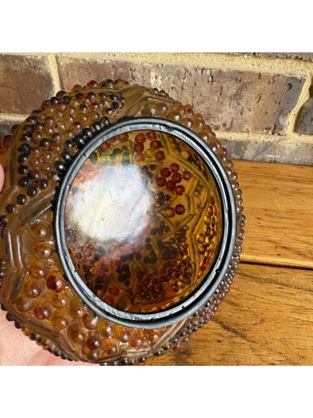 Vintage Amber Bronze Color Hobnail Lucite Round Powder Jar Trinket Box Resin Lid